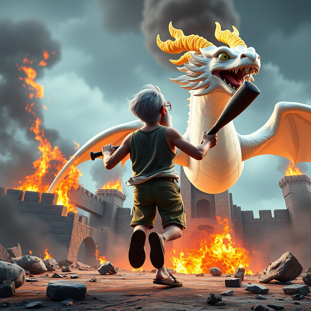 Cartoon 3D High-Resolution,dynamic battle scene using Unreal Engine 5 and Octane Render. The scene features back of an elderly, thai man with a beard,messy hair and round golden-rimmed glasses. He is wearing a tattered tank top with soot marks, shorts, and sandals. sweating. he wields a baseball bat. He jump to fight with a white fire-breathing Europe dragon amidst a partially destroyed stone castle. Include intense flames, smoke, and debris to enhance the dramatic effect.