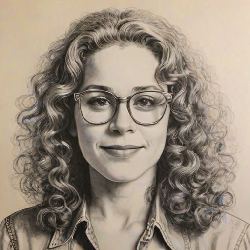 Stunning Carole King, pencil sketch, portrait of Charming woman 1978s in glasses, hair style beatnik, outline, clear lines, fine lines, 8k
