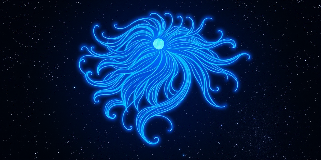 Create an ethereal depiction of a blue glowing Virgo zodiac symbol with intricate flowing hair, set against a cosmic starry background; use a DSLR camera with a 50mm lens, aperture f/1.8, ISO 100, and a long exposure of 2 seconds for enhanced clarity and depth.
