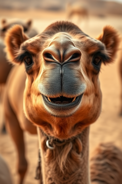 Close-up of a smiling camel in a desert setting, with a blurred background of other camels, captured using a Canon EOS R5, 50mm lens, f/1.8 aperture, ISO 100, 1/250 sec, natural lighting.
