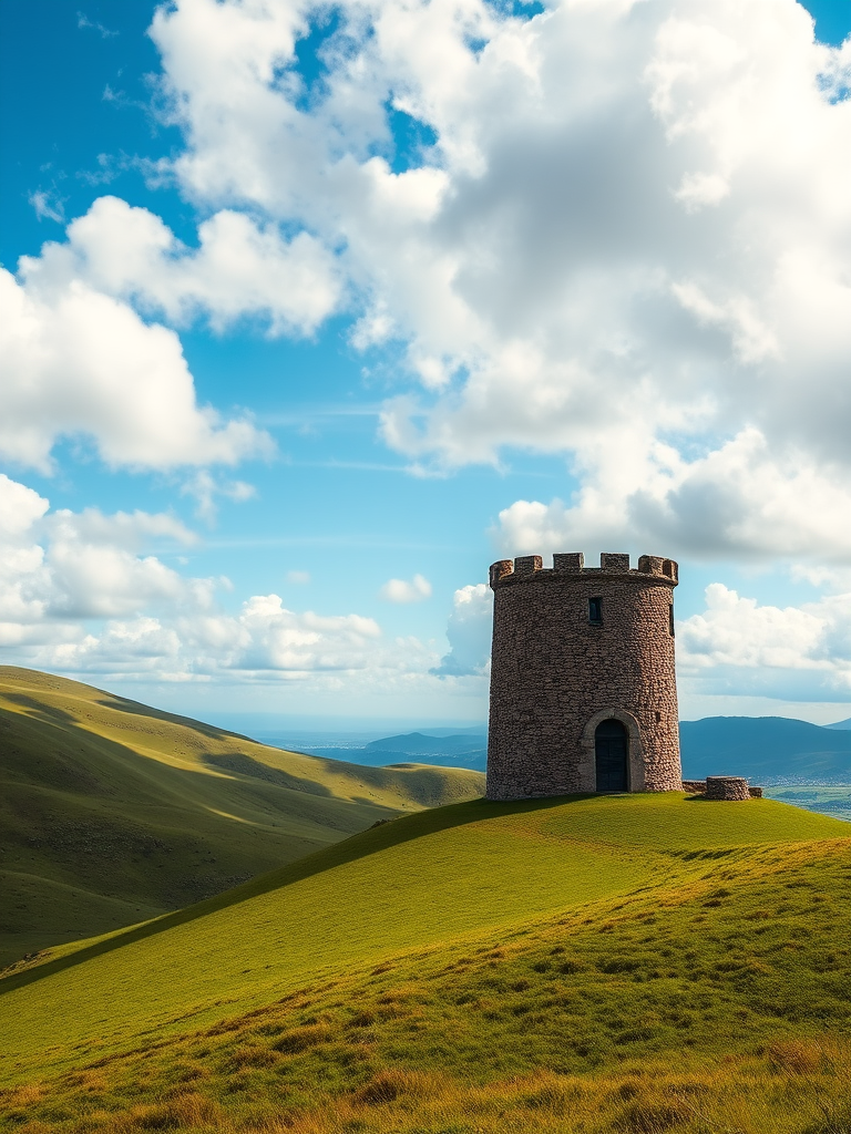Capture a picturesque landscape of rolling green hills and a rustic stone tower against a vibrant blue sky with fluffy white clouds, using a Canon EOS R5, 24mm lens, f/8 aperture, ISO 100, and a polarizing filter for enhanced color saturation and clarity.