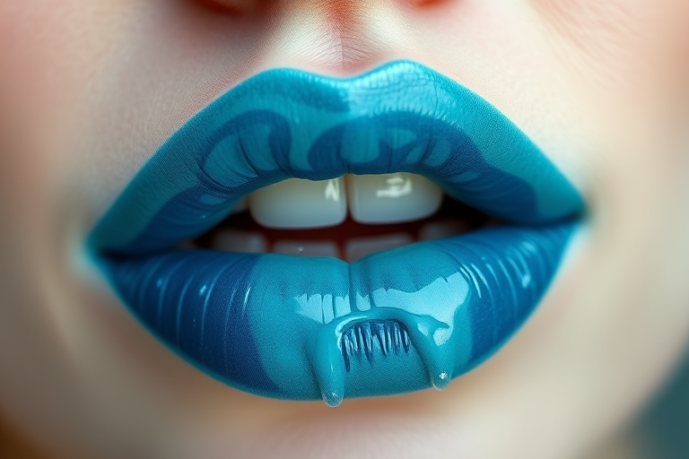Serene ocean lips painted in various shades of blue and teal, with subtle white accents resembling sea foam and a glossy finish like water