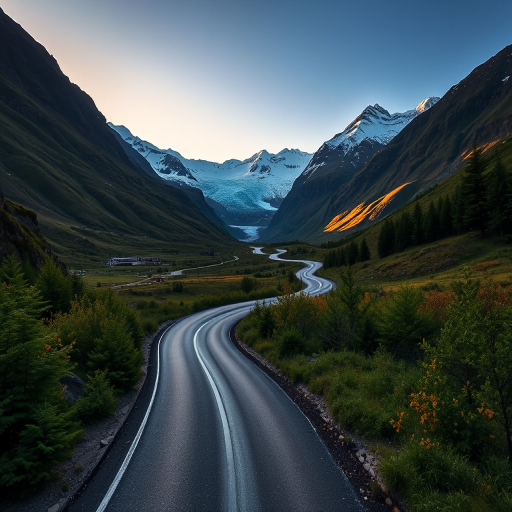 Create a landscape image of a winding road through mountains with a glacier in the background, captured at sunrise with a Canon EOS R5, 24mm focal length, f/8 aperture, ISO 100, shot from a low angle to emphasize the road and surrounding foliage, using a HDR style to enhance details and colors.