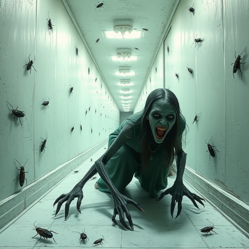 a crooked woman with long arms and a creepy smile is crawling along a long white corridor and you can also see cockroaches in it there is a creepy atmosphere creepy art style