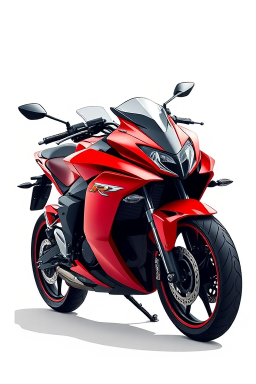 Create a high-resolution digital illustration of a modern red motorcycle positioned at a slight angle, using a Canon EOS 5D Mark IV, with a 50mm f/1.8 lens, aperture set to f/8, ISO 100, and a focus on sharp details and vibrant colors.