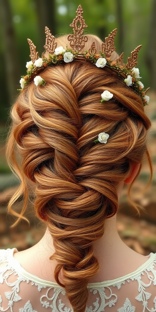 Regal golden-brown updo adorned with intricate braids and delicate floral accessories, reminiscent of a woodland fairy queen's crown in the enchanting "Forest Royalty" hairstyle