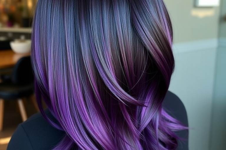Regal deep purple to indigo ombre flows from dark roots to jewel-toned ends, styled in sleek straight strands with a glass-like shine