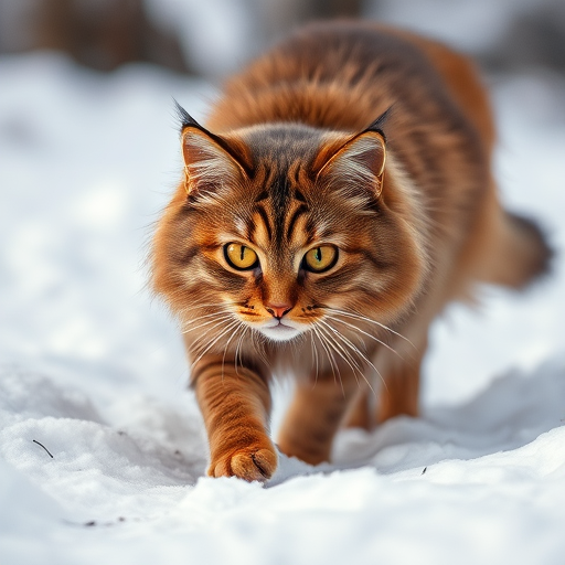 high-quality photograph of a fluffy brown cat with striking orange eyes walking through freshly fallen snow, shallow depth of field, natural light, ISO 200, f/2.8, 1/1000 sec, taken with a DSLR camera at ground level