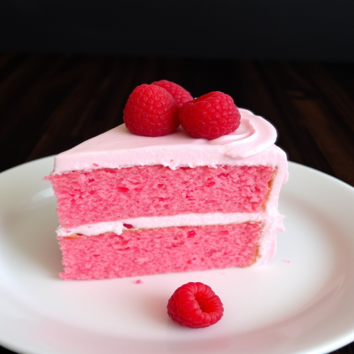 A delicious slice of raspberry cake featuring a vibrant pink sponge layer topped with fluffy raspberry cream frosting garnished with fresh raspberries served on a white plate with a dark wooden background.