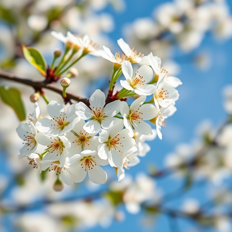 close-up of white blossom flowers on a tree branch against a clear blue sky, captured with a Canon EOS R5, 50mm lens, aperture f/2.8, ISO 100, 1/200s, natural light, photography style: macro.
