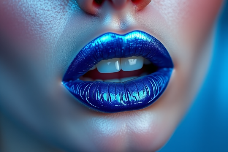 Electric blue liquid lipstick "Neon Frost" with metallic finish and cool undertones, ideal for avant-garde makeup and bold statements, long-wearing and non-drying formula