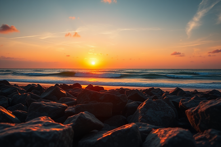 sunset over the beach with rocks in the foreground, DSLR camera, 24mm lens, f/11 aperture, ISO 100, golden hour lighting, low angle view, vibrant colors