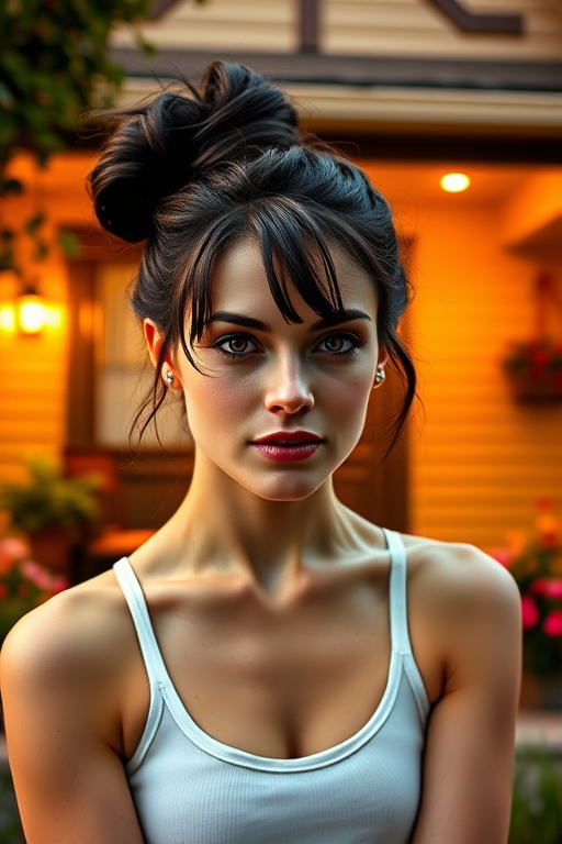 A photo of Mila Kunis with a background of a cozy porch. She has dark hair pulled back in an updo, with tendrils framing her face. She wears a white tank top and sits on the porch. The porch is part of a well-lit home with a warm, earthy tone and colorful flowers and foliage. The overall scene has a warm, welcoming, and comfortable ambiance.