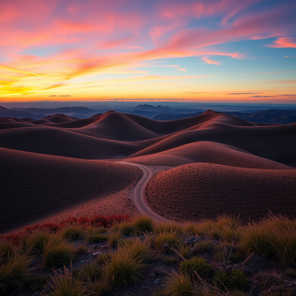 Create a high-resolution image of a serene landscape with rolling hills and a vibrant sunset sky, shot with a Canon EOS R5 at f/8, ISO 100, 24mm focal length, using a wide-angle lens for a panoramic view.