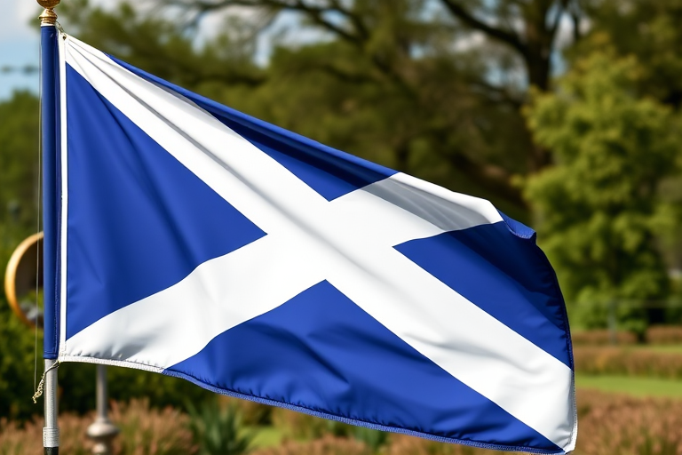 Create a high-resolution image of the Scottish flag with vibrant colors, using a DSLR camera set to ISO 100, aperture f/8, shutter speed 1/250 sec, capturing a straight-on view in a natural outdoor setting.