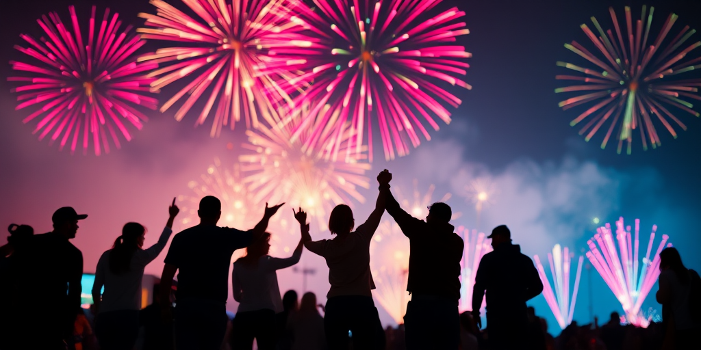 silhouettes of people holding hands in front of colorful fireworks at night, vibrant colors, wide-angle view, f/2.8 aperture, ISO 100, 1/60 shutter speed, DSLR camera, long exposure effect for enhanced light trails