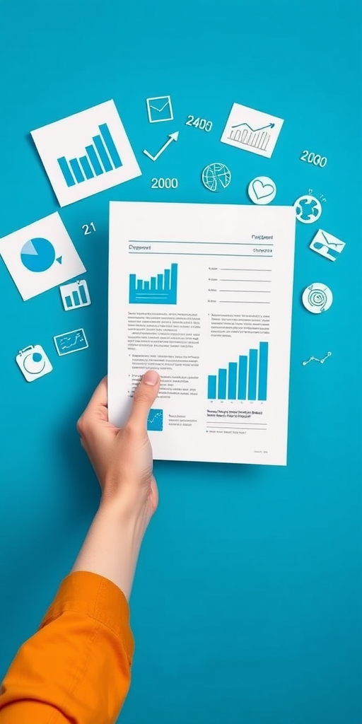 Create an image of a hand holding a document with various blue graphs and icons on a vibrant blue background, shot with a Canon EOS R5, 50mm lens, aperture f/2.8, ISO 100, and a top-down angle for clarity and detail.