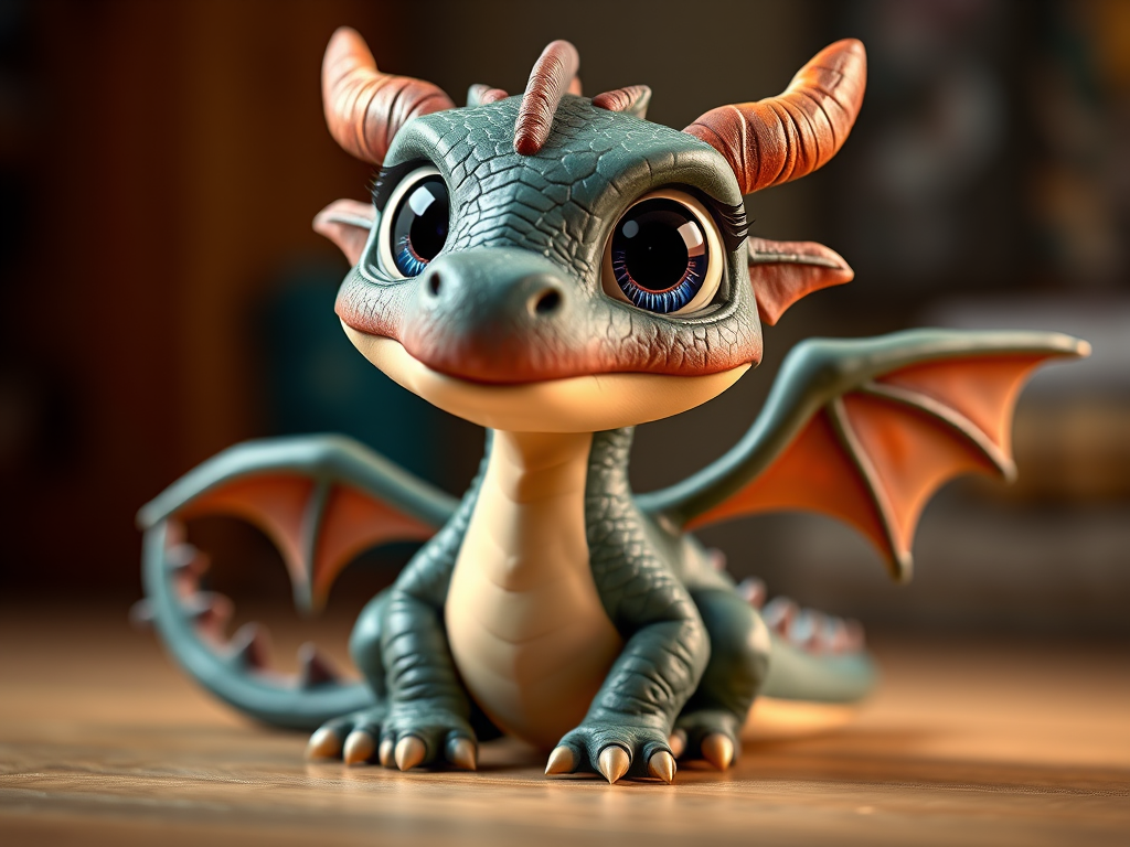 Create a highly detailed image of a cartoon dragon with large expressive eyes and textured scales, sitting in a playful pose, using a DSLR camera with a 50mm lens, aperture set to f/2.8 for a shallow depth of field, and ISO 100 for maximum clarity, shot in a studio setup with soft lighting to enhance colors and details.