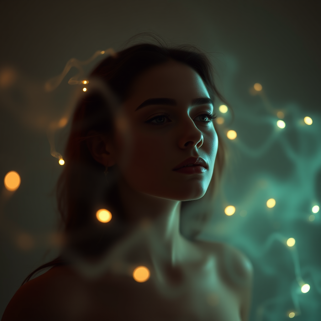 Create a mystical portrait of a woman with ethereal glowing wisps of light around her, shot with a Canon EOS R5, 50mm f/1.2 lens, ISO 100, f/2.0, 1/125s, using soft studio lighting and a shallow depth of field for a dreamy atmosphere.