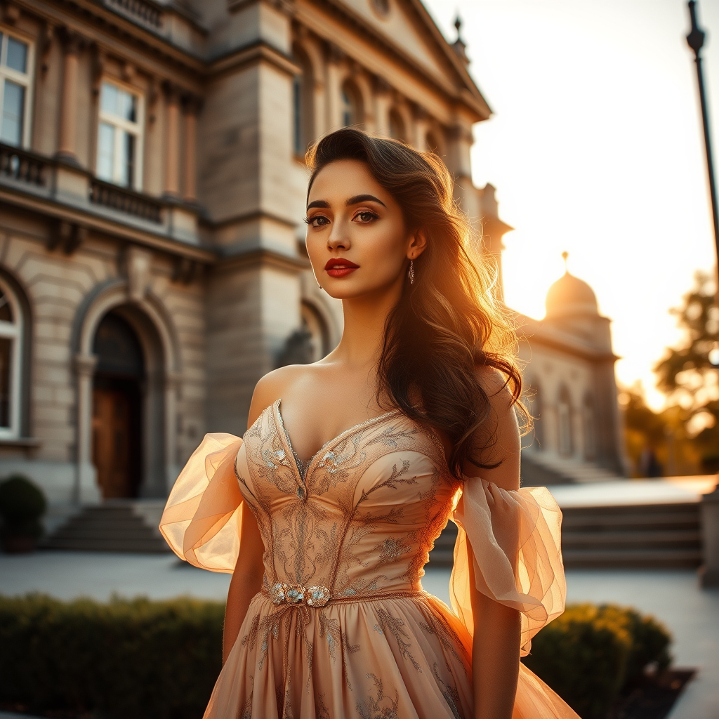 An elegant woman, dressed in a vintage gown, stands in front of a grand, historic building. The setting sun casts a warm, golden light on her