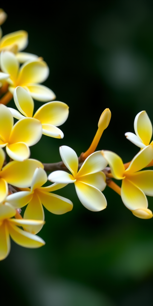 capture a close-up of a branch with yellow and white plumeria flowers against a blurred dark green background, use a shallow depth of field, f/2.8 aperture, ISO 100, 1/200s shutter speed, natural lighting, DSLR camera, 85mm lens