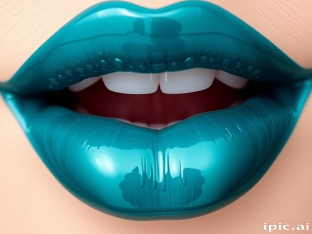 Glossy teal lips named "Ocean Depths" feature a rich, jewel-toned hue with a high-shine finish, perfect for mermaid-themed costumes and underwater photoshoots
