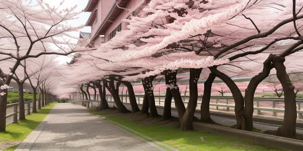Serene Pathway Lined with Blooming Cherry Blossom Trees in Springtime
