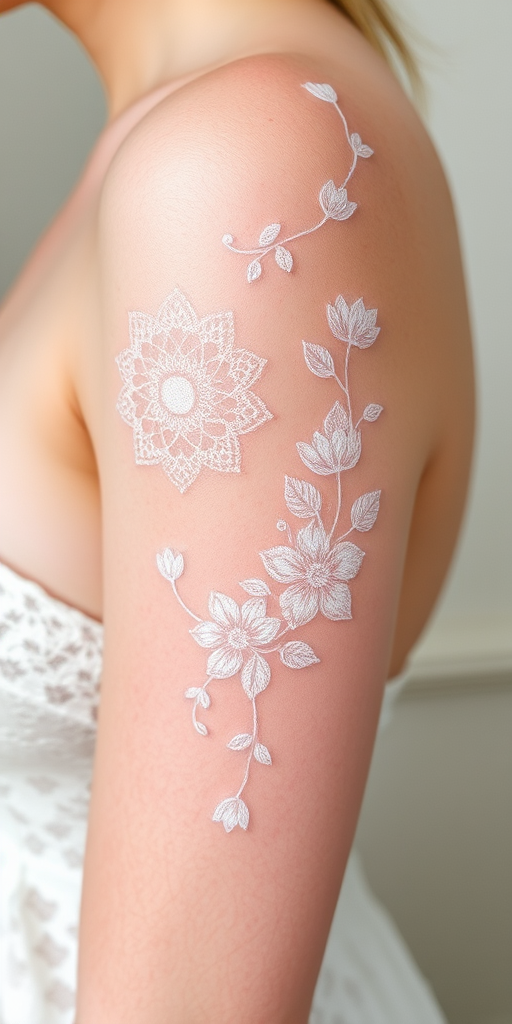 Delicate white ink tattoo called "Ethereal Whispers" featuring lace-like patterns and botanical motifs that appear to float ethereally on the skin in varying levels of opacity