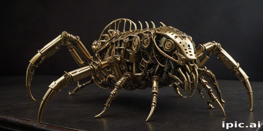 Create a high-intensity, high-resolution image of a steampunk scorpion, featuring intricate clockwork mechanisms and brass gears. The scorpion should have metallic limbs with elaborate jointed segments, showcasing a blend of Victorian-era aesthetics and futuristic technology. The body should be adorned with cogwheels, pistons, and small steam vents emitting a subtle mist, the front pinchers should up up and open. Capture the scene with dramatic lighting to emphasize the mechanical details, giving it a sense of motion and life