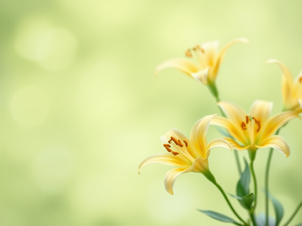 Regenerate a floral border image with soft yellow lilies on a light green background, featuring a blurred bokeh effect, use a Canon EOS R5 with a 50mm f/1.2 lens, aperture set to f/2.8, ISO 100, and a slight vignette for focus on the center.