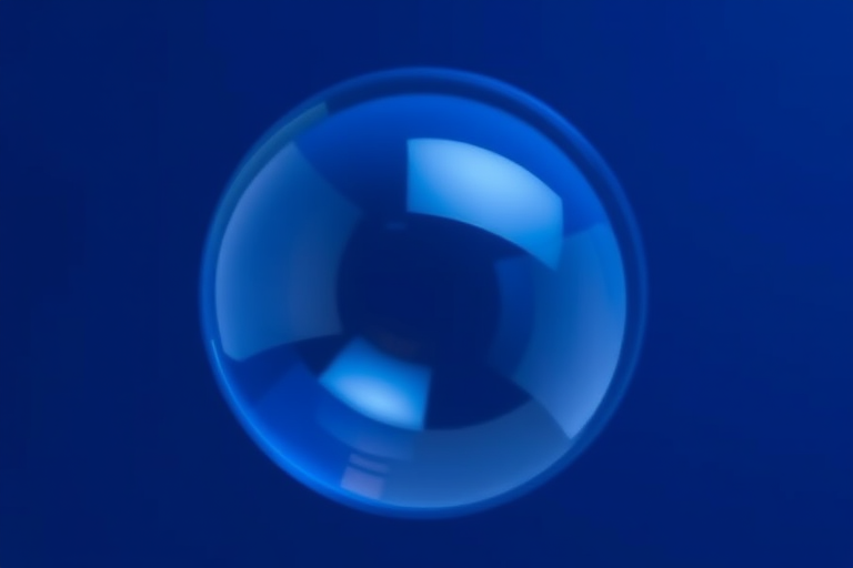 Create a high-resolution image of a glossy blue bubble with a subtle shine, using a DSLR camera with an aperture of f/2.8, 50mm lens, ISO 100, shot from a close-up angle with soft, diffused lighting.