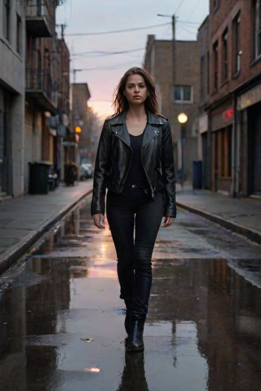 Quiet city street at dawn, with the first light of day reflecting off the wet pavement, a woman in a leather jacket walks slowly through the deserted streets, her hands tucked in her pockets.