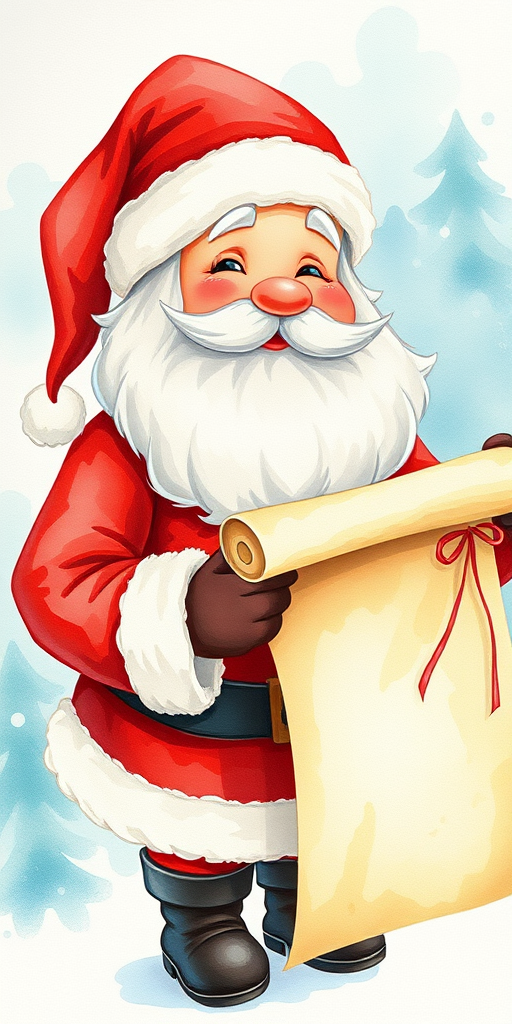 Create a vintage-style illustration of a cheerful Santa Claus with a scroll, using soft watercolors, focus on bright colors, 50mm lens, f/2.8 aperture, ISO 100, natural lighting, slightly overhead view, photography style with a whimsical touch.