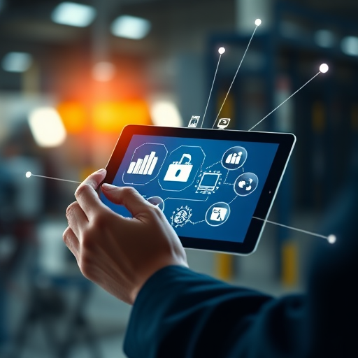 Generate an image of a person using a tablet displaying industrial and technological icons, with a network of connections around the tablet, shot in high resolution with a DSLR camera, 50mm lens at f/2.8, natural lighting, and a shallow depth of field.