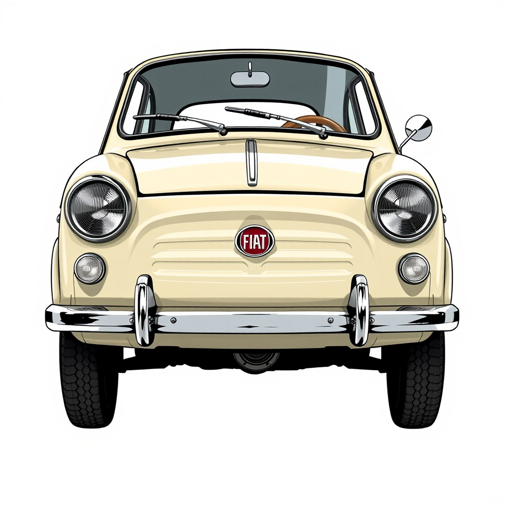 Create a detailed illustration of a vintage Fiat Balilla from a frontal view, captured with a DSLR camera at f/8 aperture, ISO 100, and a shutter speed of 1/250 seconds, using a wide-angle lens to enhance the vehicle's features and textures, focusing on high contrast and clarity.