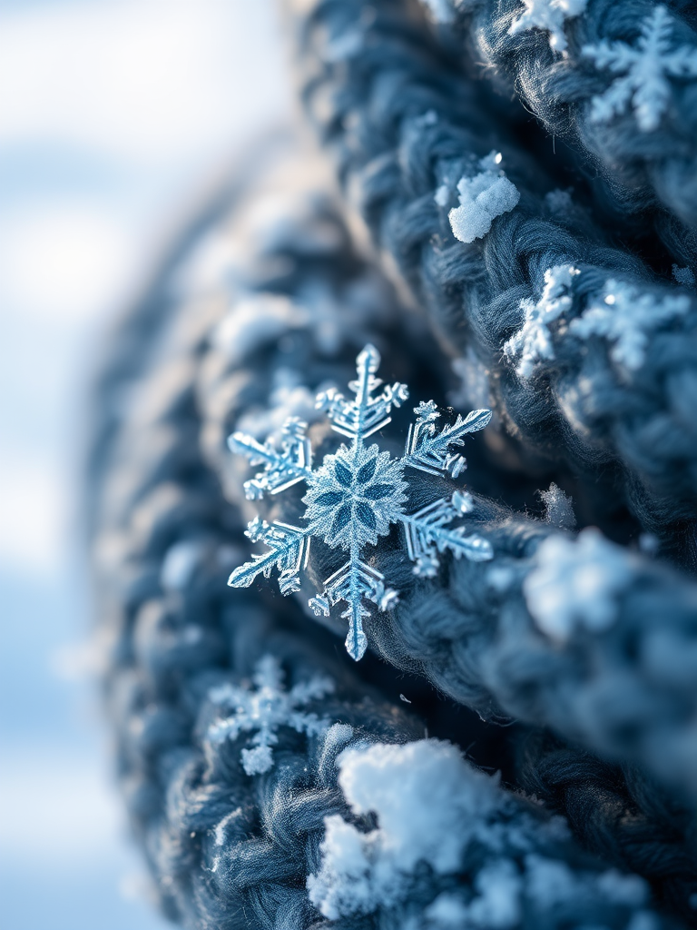 High-resolution close-up of a snowflake resting on the woolen fabric of a scarf, its delicate crystal structure perfectly formed, with soft blue and white light reflecting off the surrounding snow.