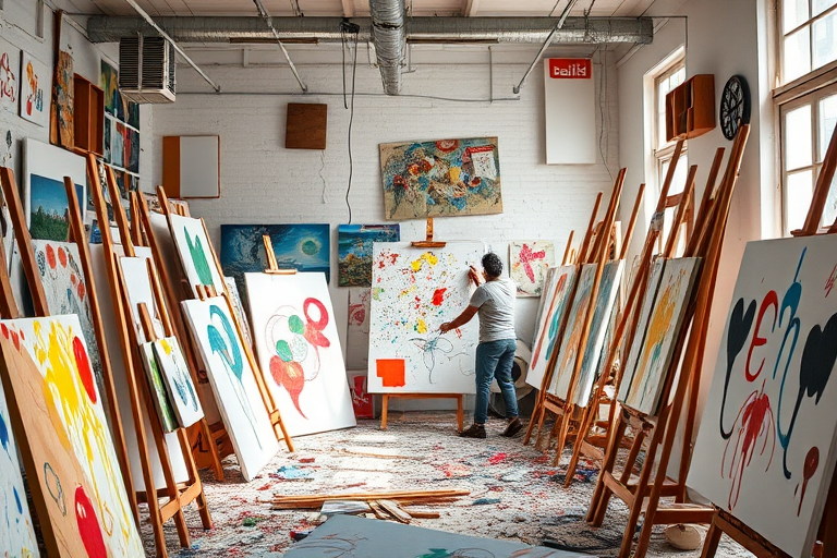 Artistic studio filled with canvases, a painter passionately working on a large piece, bright colors splattered everywhere, and sunlight illuminating the creative chaos.