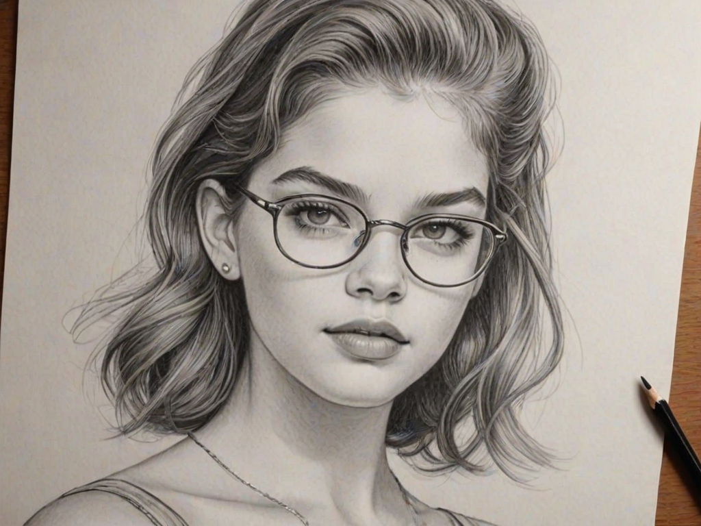 Lovely Barbara Palvin, pencil sketch, portrait of Elegant woman 1956s in glasses, hair style beatnik, outline, clear lines, fine lines, 8k