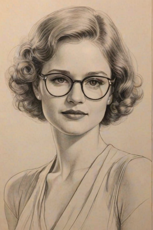 Wonderful Sarah Drew, pencil sketch, portrait of Ravishing woman 1928s in glasses, hair style beatnik, outline, clear lines, fine lines, 8k