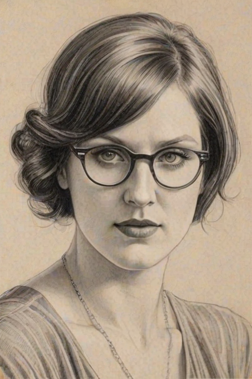 Captivating Allison Tolman, pencil sketch, portrait of Magnificent woman 1928s in glasses, hair style beatnik, outline, clear lines, fine lines, 8k