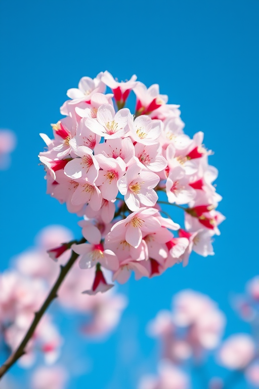Cherry blossoms in full bloom against a clear blue sky, captured with a Canon EOS 5D Mark IV, 50mm lens, f/2.8 aperture, 1/500 sec shutter speed, ISO 100, shallow depth of field for a soft background blur.