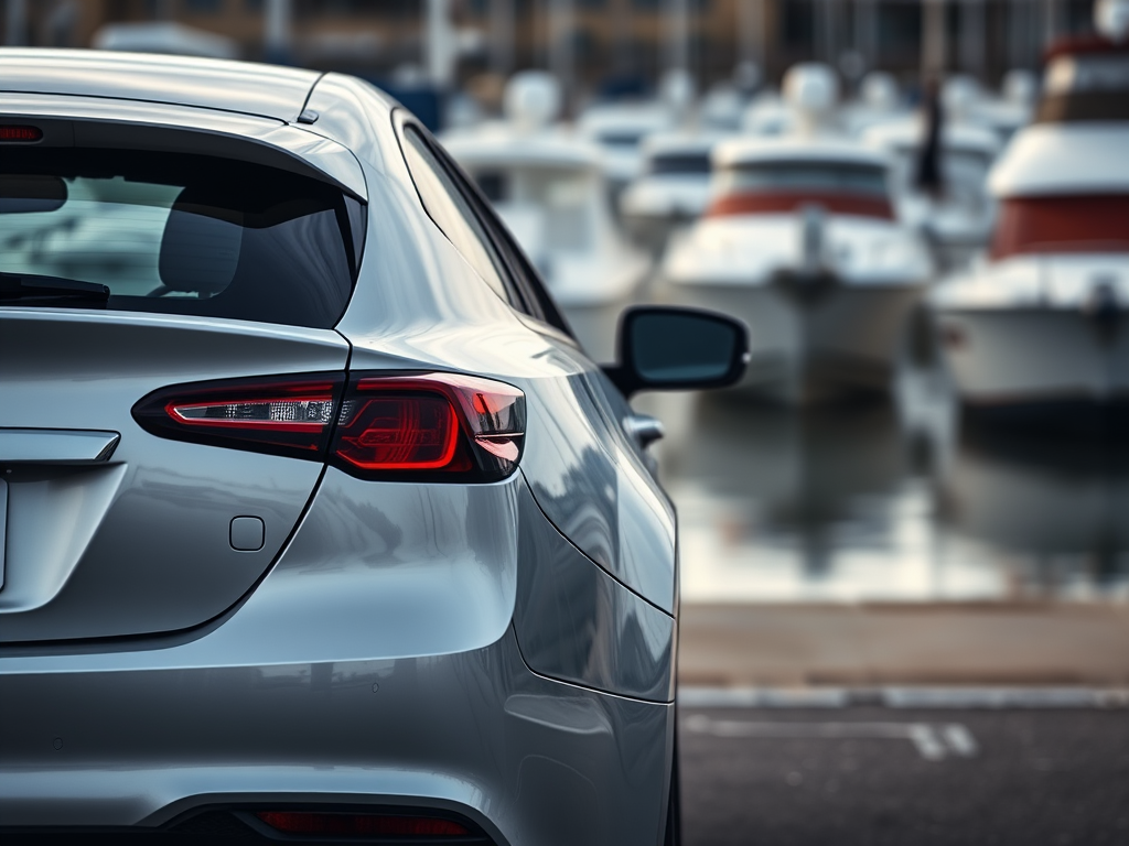 Create a high-resolution image of a silver car parked at a marina with blurred boats in the background, captured with a Canon EOS R5, using a 50mm lens, aperture f/1.8, shutter speed 1/1000s, ISO 100, and a focus on the car's rear while maintaining a soft bokeh effect on the background.