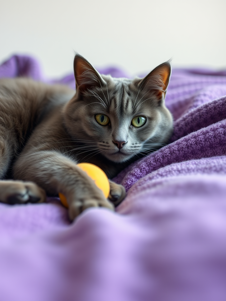 Create a hyper-realistic image of a gray cat lounging on a purple blanket with a yellow ball, using a Canon EOS R5 camera, 50mm lens at f/1.8, ISO 200, shot from a wide-angle view with soft natural lighting to enhance color and detail.