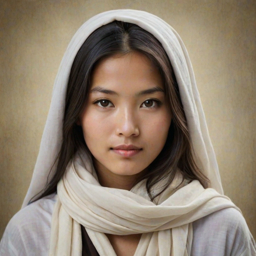 Create a portrait of a young Tibetan female with long, dark hair and captivating hazel eyes. She is wearing a white headscarf and a matching scarf draped gracefully around her neck. The background is softly blurred, focusing attention on her serene and natural expression. The overall color palette is muted and warm, enhancing the intimate and authentic feel of the portrait.