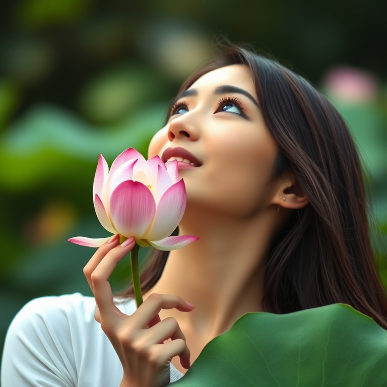 Regenerate the image of a woman holding a lotus flower while gazing upward, shot with a 50mm lens at f/1.8, ISO 200, natural light, shallow depth of field, soft focus background, DSLR camera, portrait orientation.