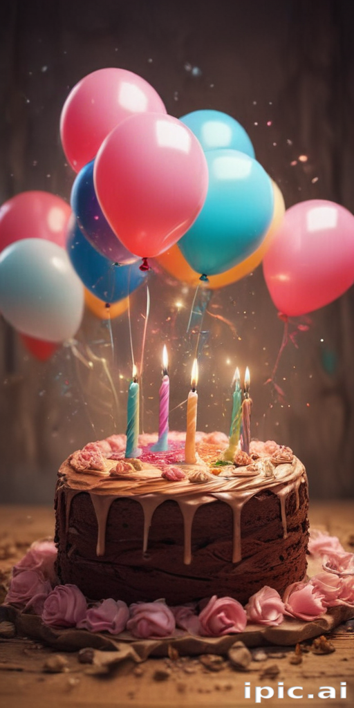 Colorful Birthday Cake Surrounded by Balloons and Flickering Candles