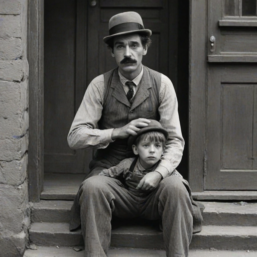 A black-and-white photograph of a man and a child sitting on steps in front of a doorway. The man is dressed as a tramp with a bowler hat, mustache, and ragged clothes, reminiscent of Charlie Chaplin's iconic look. He is sitting with his arms crossed and an expression of slight sadness or frustration. Next to him is a young boy, also in worn clothes and a cap, sitting with his hands clasped, looking thoughtful. The background is an old, textured wall and a partially open door, creating a vintage, early 20th-century atmosphere.