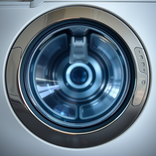regenerate the image of a washing machine with a transparent blue drum, use a DSLR camera with a 50mm lens, aperture f/2.8, ISO 100, under natural light, from a frontal view to enhance detail and texture