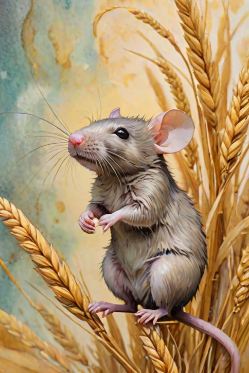 Soft, muted Alcohol Ink with ebru effect background image of tiny whimsical rat, who climbed high on the top of a golden rye ear.