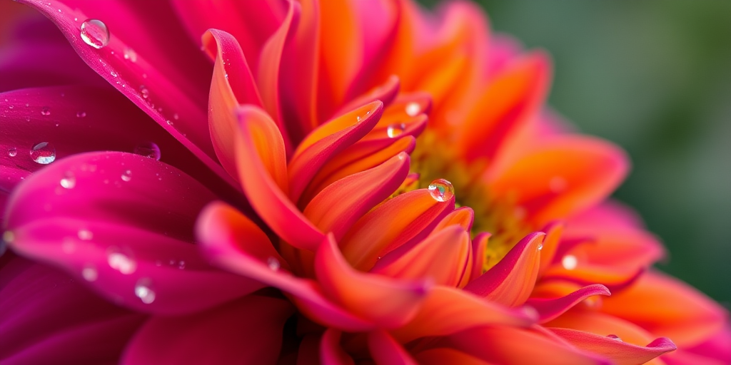 Close-up of a vibrant multicolored flower with dewdrops, soft focus background, DSLR camera, 85mm lens, aperture f/2.8, ISO 100, 1/200 sec shutter speed, natural light.